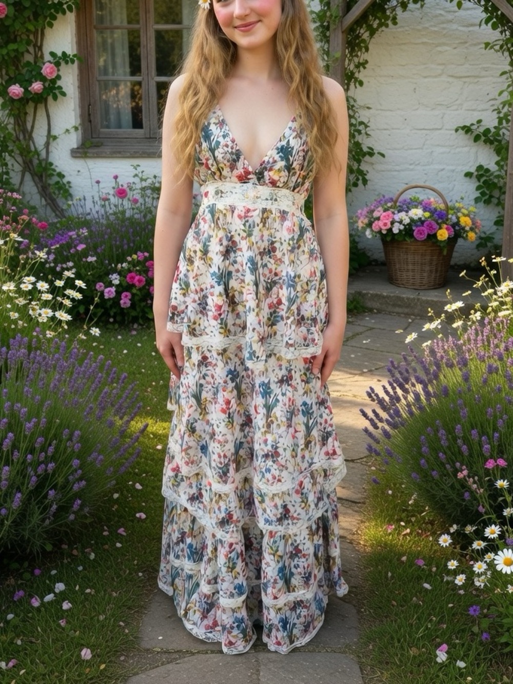 NWT NJ Couture -Barok- Floral Tiered Maxi Dress Size M